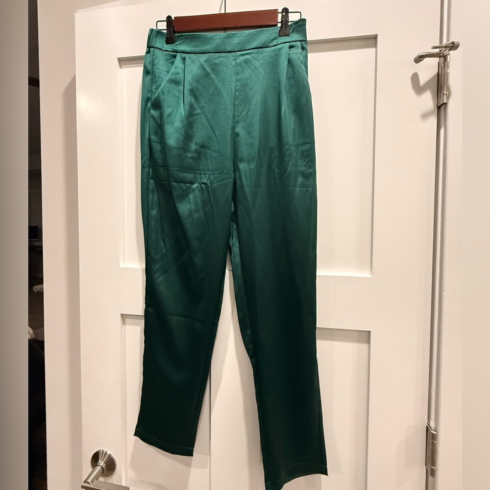 Women’s Emerald Green Satin Dress Pants - Tailored Flat Front